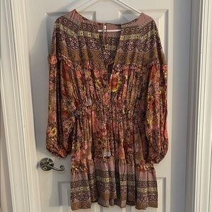 Boho Chic Long Sleeve Dress - Pink and Brown